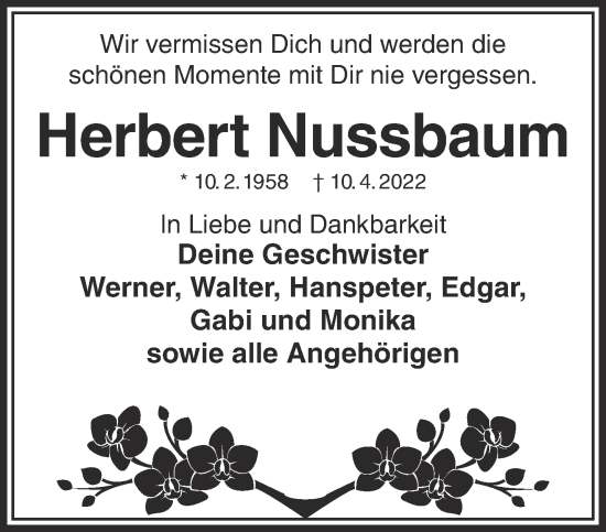 Traueranzeige von Herbert Nussbaum von Gelnhäuser Neue Zeitung