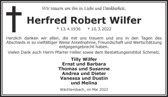 Traueranzeige von Herfred Robert Wilfer von Gelnhäuser Neue Zeitung