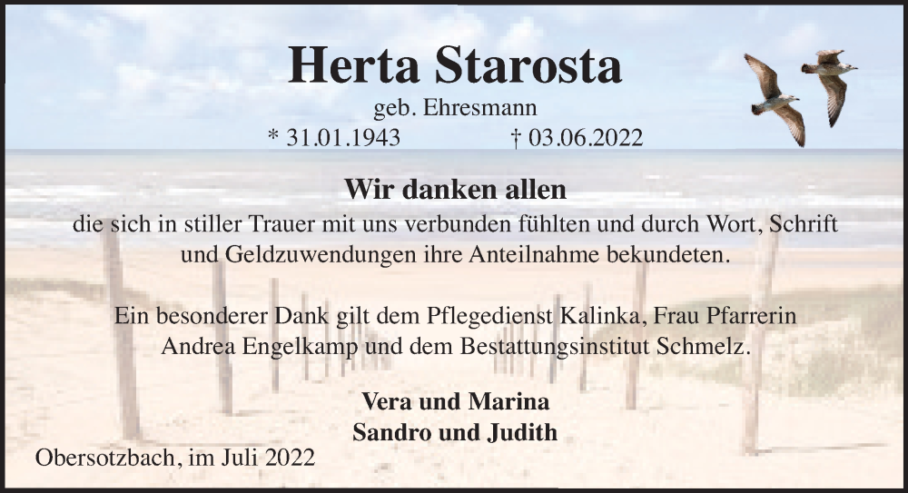  Traueranzeige für Herta Starosta vom 09.07.2022 aus Gelnhäuser Neue Zeitung