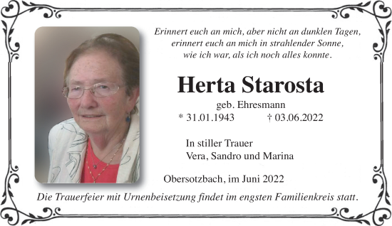 Traueranzeige von Herta Starosta von Mittelhessen-Bote