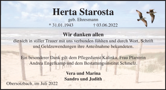 Traueranzeige von Herta Starosta von Gelnhäuser Neue Zeitung