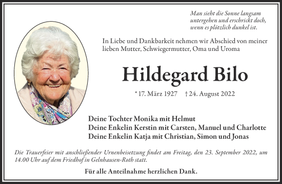 Traueranzeige von Hildegard Bilo von Gelnhäuser Neue Zeitung