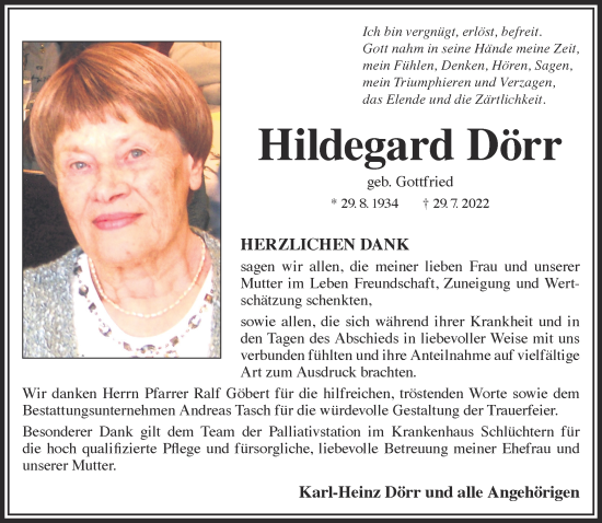Traueranzeige von Hildegard Dörr von Gelnhäuser Neue Zeitung