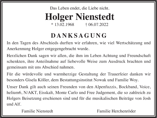 Traueranzeige von Holger Nienstedt von Gelnhäuser Neue Zeitung
