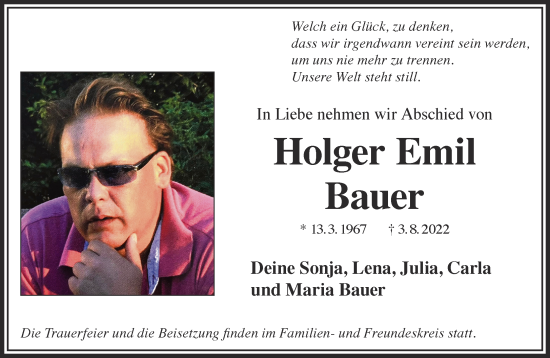 Traueranzeige von Holger Emil Bauer von Gelnhäuser Neue Zeitung