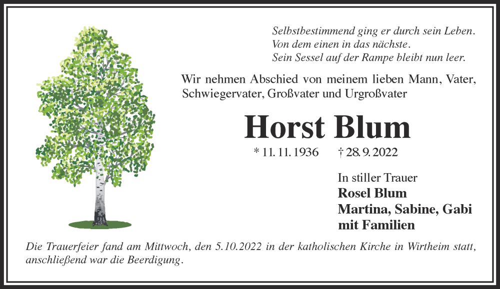  Traueranzeige für Horst Blum vom 08.10.2022 aus Mittelhessen-Bote
