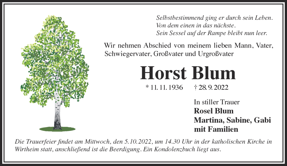  Traueranzeige für Horst Blum vom 01.10.2022 aus Gelnhäuser Neue Zeitung