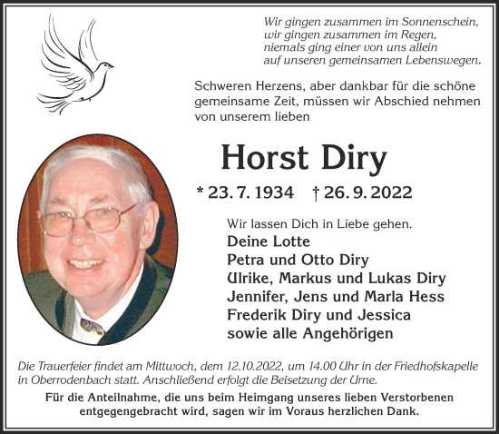 Traueranzeige von Horst Diry von Gelnhäuser Neue Zeitung