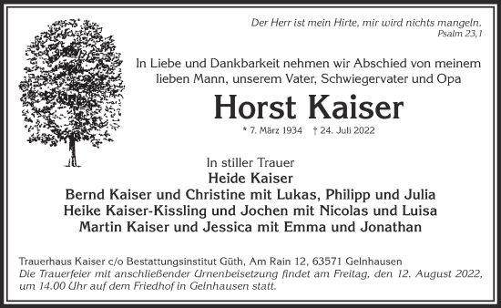 Traueranzeige von Horst Kaiser von Gelnhäuser Neue Zeitung