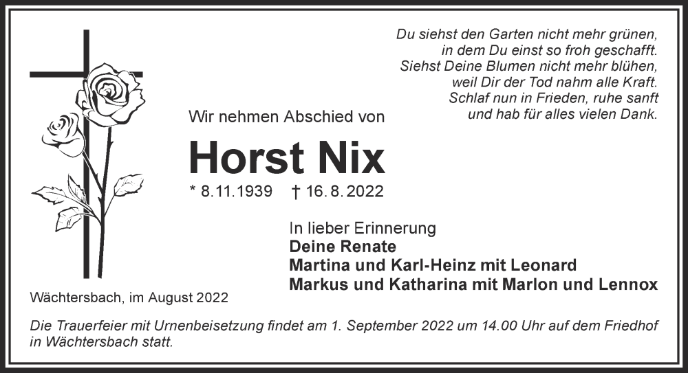  Traueranzeige für Horst Nix vom 27.08.2022 aus Gelnhäuser Neue Zeitung