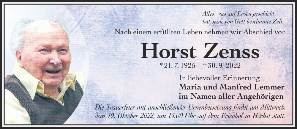  Traueranzeige für Horst Zenss vom 22.10.2022 aus Mittelhessen-Bote