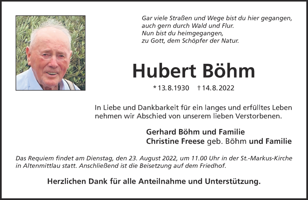  Traueranzeige für Hubert Böhm vom 20.08.2022 aus Gelnhäuser Neue Zeitung