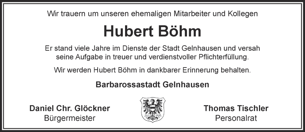  Traueranzeige für Hubert Böhm vom 27.08.2022 aus Gelnhäuser Neue Zeitung