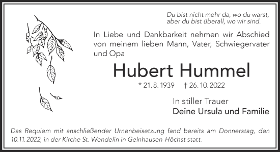 Traueranzeige von Hubert Hummel von Mittelhessen-Bote