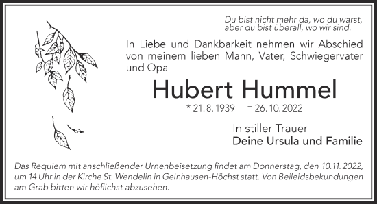 Traueranzeige von Hubert Hummel von Gelnhäuser Neue Zeitung