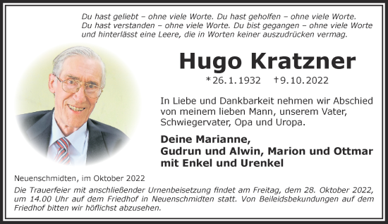 Traueranzeige von Hugo Kratzner von Gelnhäuser Neue Zeitung