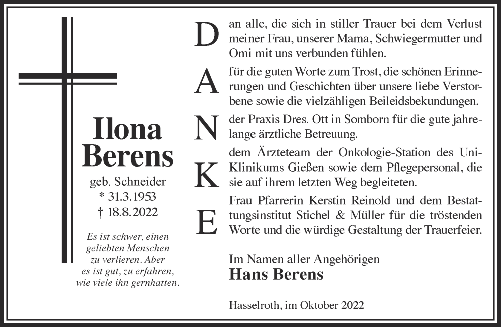  Traueranzeige für Ilona Berens vom 29.10.2022 aus Gelnhäuser Neue Zeitung