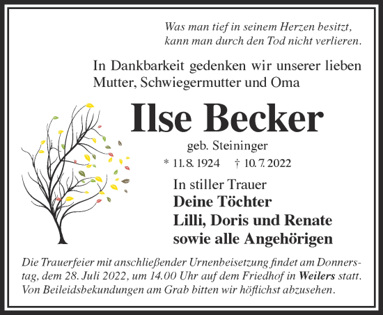 Traueranzeige von Ilse Becker von Gelnhäuser Neue Zeitung