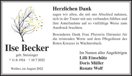 Traueranzeige von Ilse Becker von Gelnhäuser Neue Zeitung