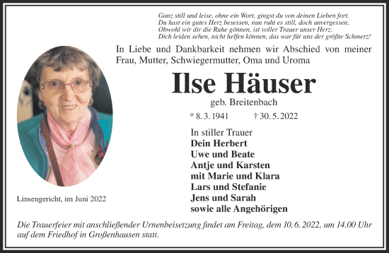 Traueranzeige von Ilse Häuser von Mittelhessen-Bote