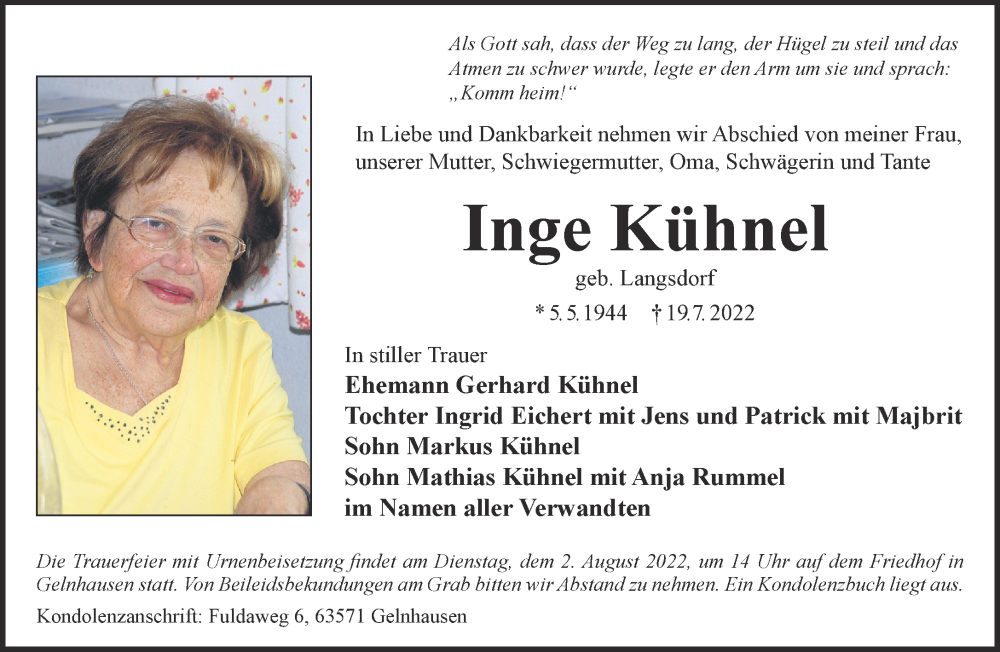 Traueranzeige für Inge Kühnel vom 30.07.2022 aus Mittelhessen-Bote