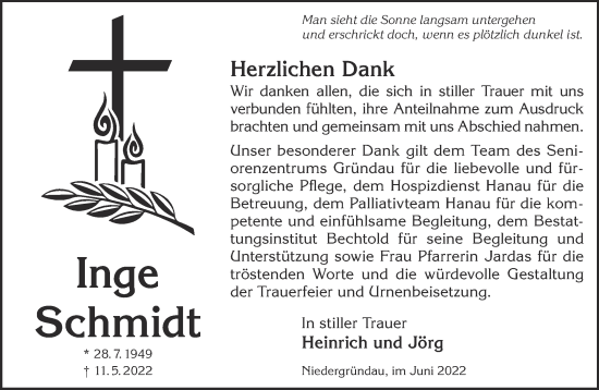 Traueranzeige von Inge Schmidt von Gelnhäuser Neue Zeitung