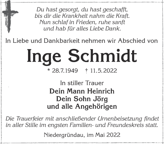 Traueranzeige von Inge Schmidt von Gelnhäuser Neue Zeitung