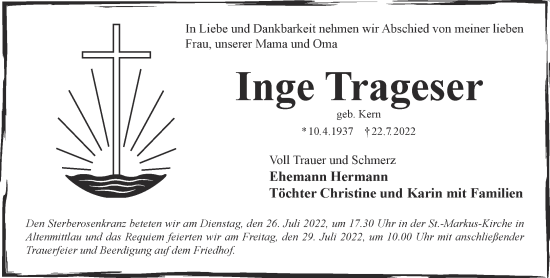 Traueranzeige von Inge Trageser von Mittelhessen-Bote