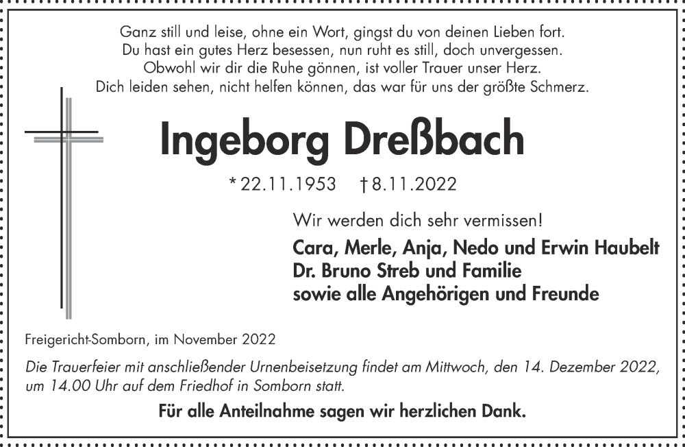  Traueranzeige für Ingeborg Dreßbach vom 26.11.2022 aus Mittelhessen-Bote