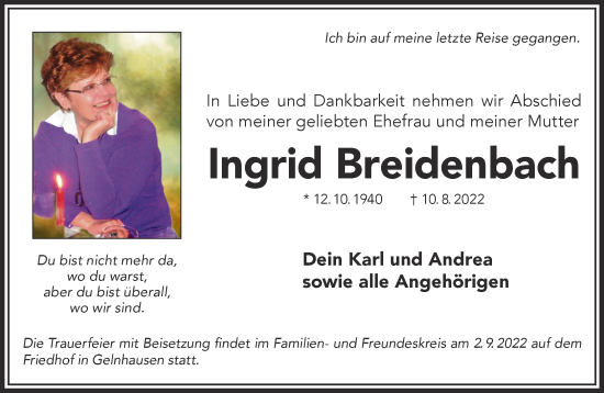 Traueranzeige von Ingrid Breidenbach von Mittelhessen-Bote