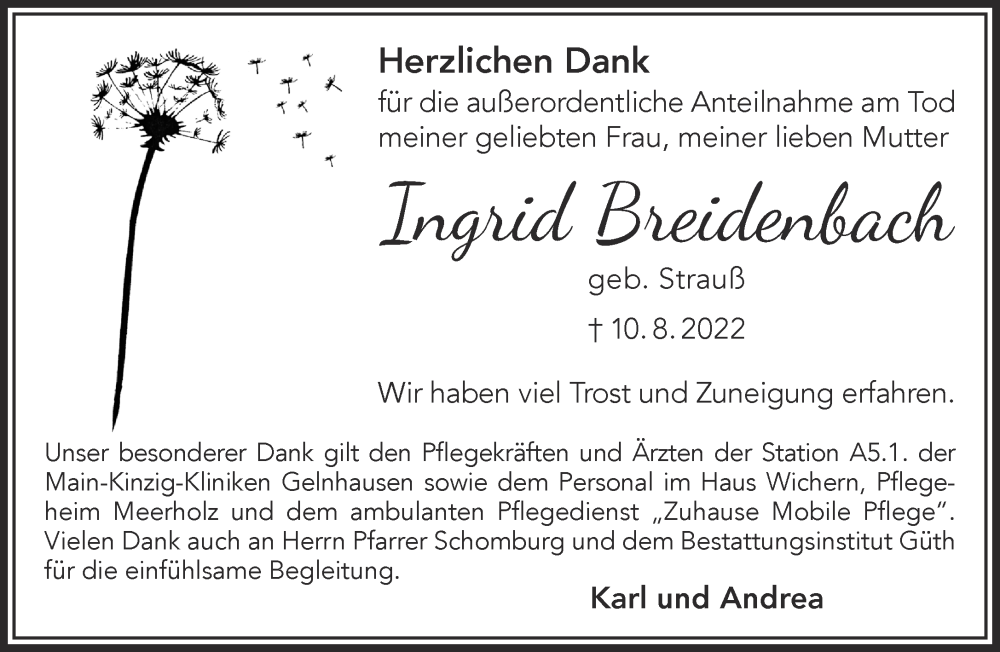  Traueranzeige für Ingrid Breidenbach vom 24.09.2022 aus Mittelhessen-Bote
