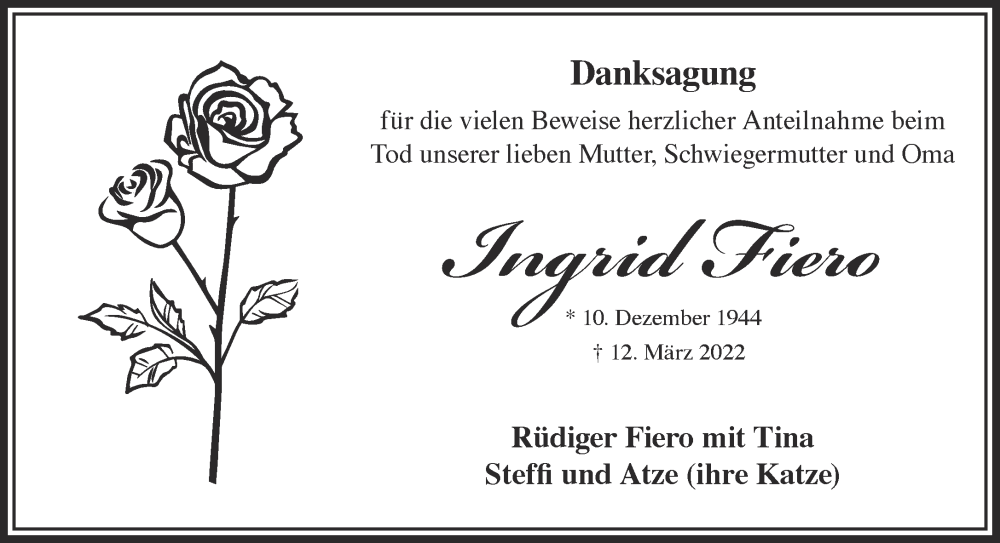  Traueranzeige für Ingrid Fiero vom 09.07.2022 aus Gelnhäuser Neue Zeitung