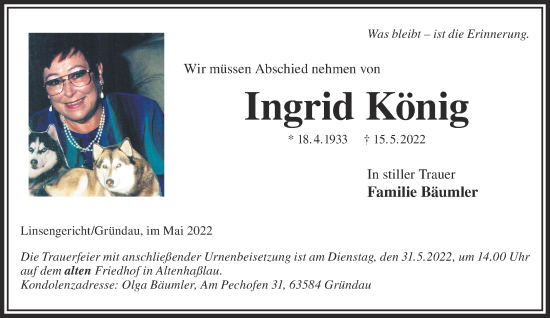 Traueranzeige von Ingrid König von Gelnhäuser Neue Zeitung