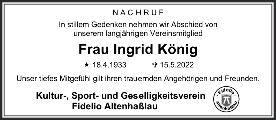 Traueranzeige von Ingrid König von Gelnhäuser Neue Zeitung