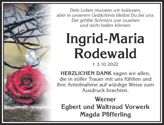 Traueranzeige von Ingrid-Maria Rodewald von Gelnhäuser Neue Zeitung