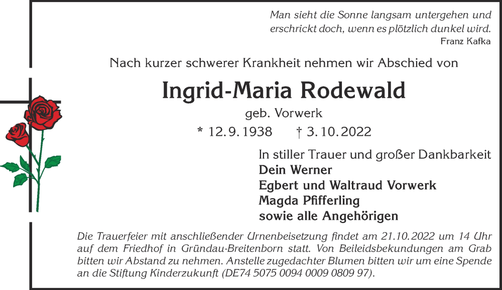  Traueranzeige für Ingrid-Maria Rodewald vom 15.10.2022 aus Mittelhessen-Bote