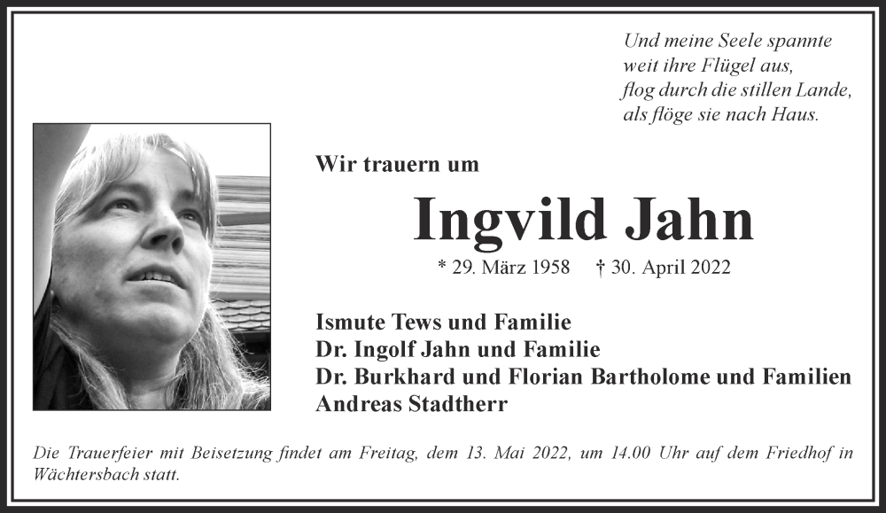  Traueranzeige für Ingvild Jahn vom 14.05.2022 aus Mittelhessen-Bote