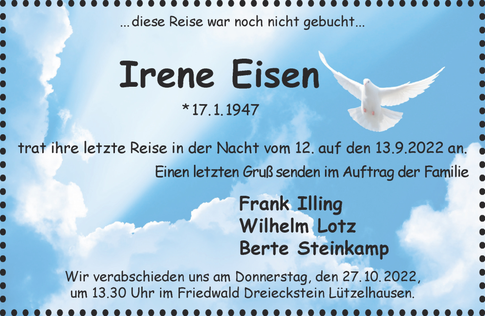  Traueranzeige für Irene Eisen vom 22.10.2022 aus Gelnhäuser Neue Zeitung