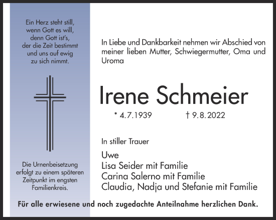 Traueranzeige von Irene Schmeier von Gelnhäuser Neue Zeitung