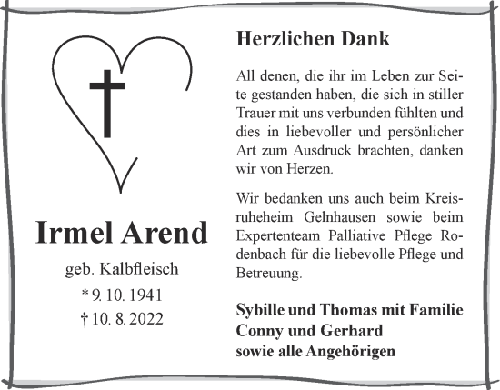 Traueranzeige von Irmel Arend von Gelnhäuser Neue Zeitung