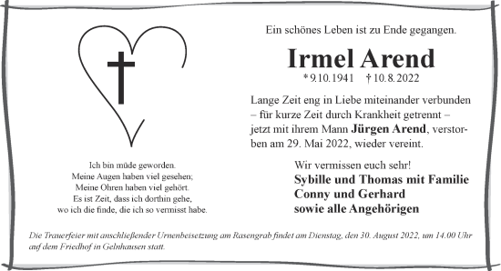 Traueranzeige von Irmel Arend von Mittelhessen-Bote