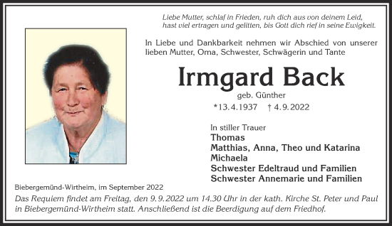 Traueranzeige von Irmgard Back von Gelnhäuser Neue Zeitung