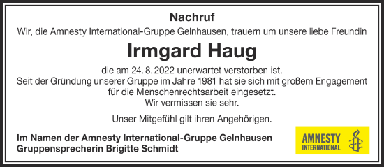 Traueranzeige von Irmgard Haug von Gelnhäuser Neue Zeitung
