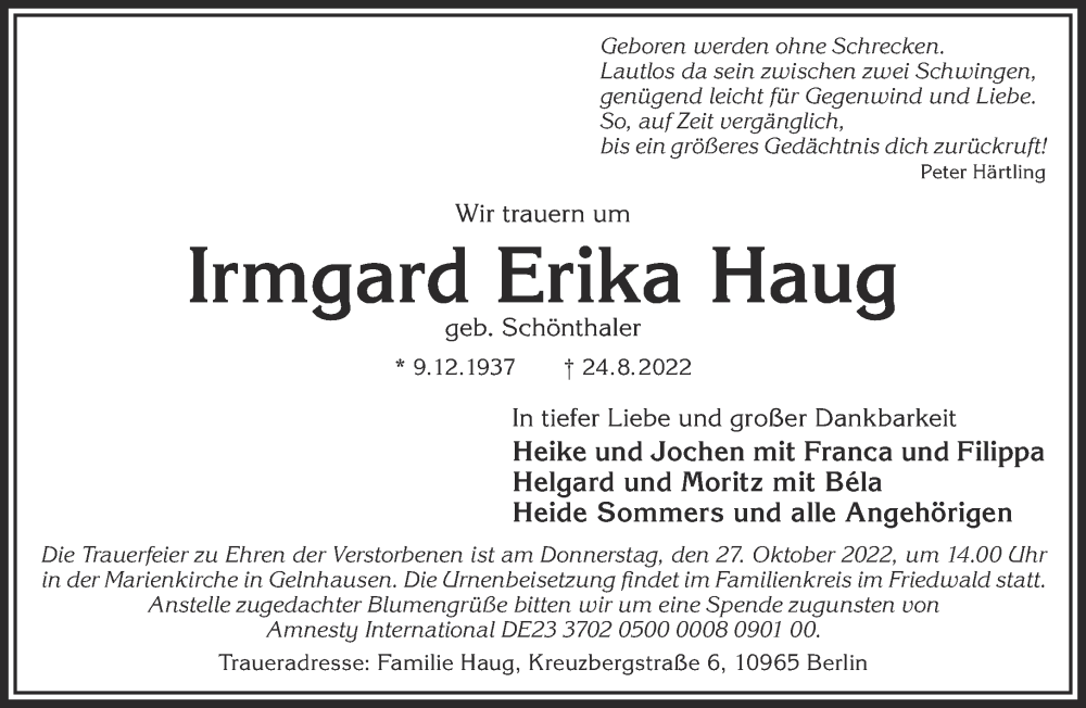  Traueranzeige für Irmgard Erika Haug vom 03.09.2022 aus Gelnhäuser Neue Zeitung