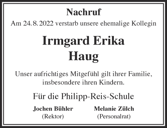 Traueranzeige von Irmgard Erika Haug von Gelnhäuser Neue Zeitung