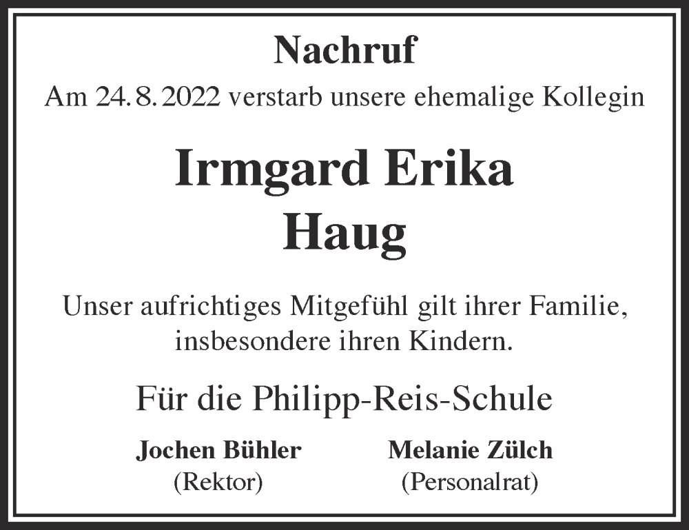  Traueranzeige für Irmgard Erika Haug vom 24.09.2022 aus Gelnhäuser Neue Zeitung