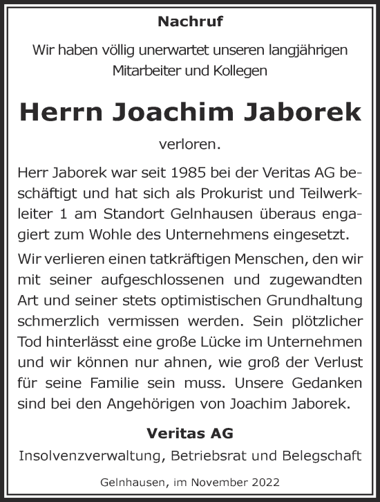 Traueranzeige von Joachim Jaborek von Gelnhäuser Neue Zeitung