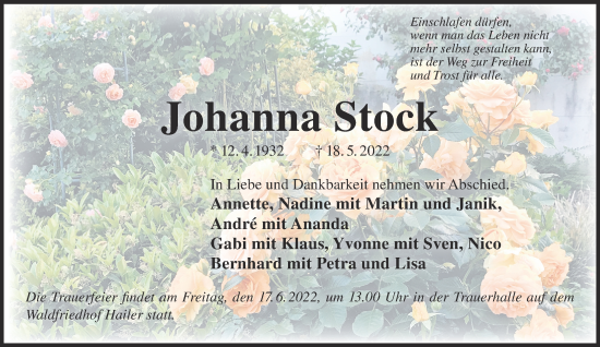 Traueranzeige von Johanna Stock von Gelnhäuser Neue Zeitung