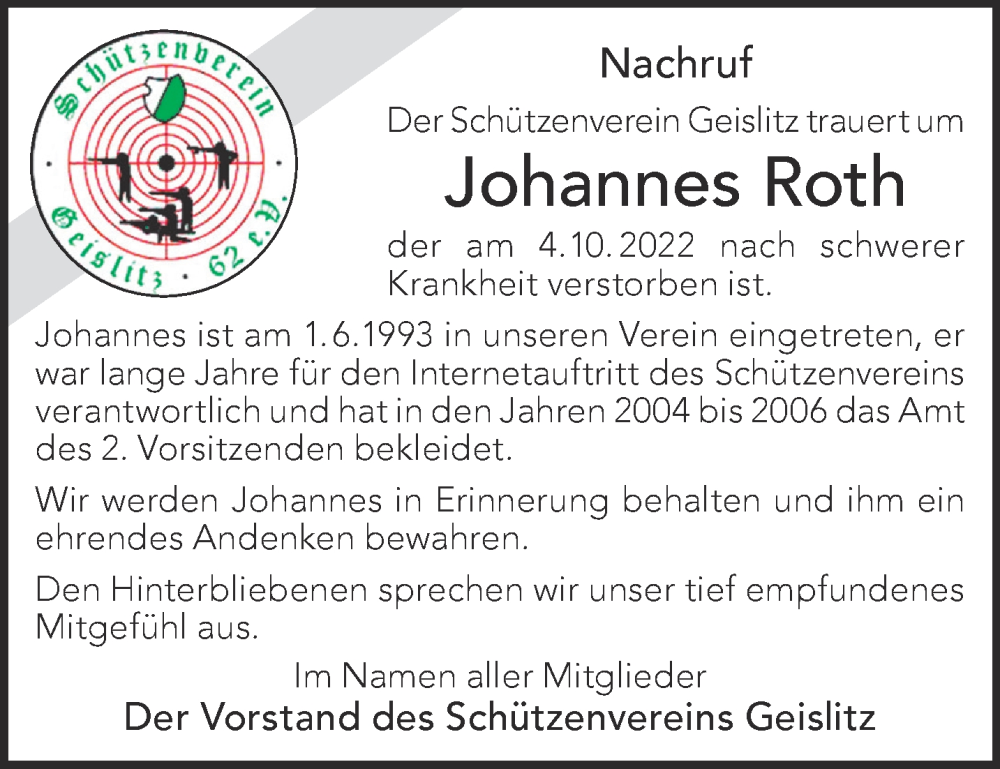  Traueranzeige für Johannes Roth vom 15.10.2022 aus Mittelhessen-Bote