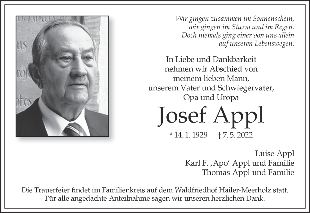  Traueranzeige für Josef Appl vom 21.05.2022 aus Gelnhäuser Neue Zeitung